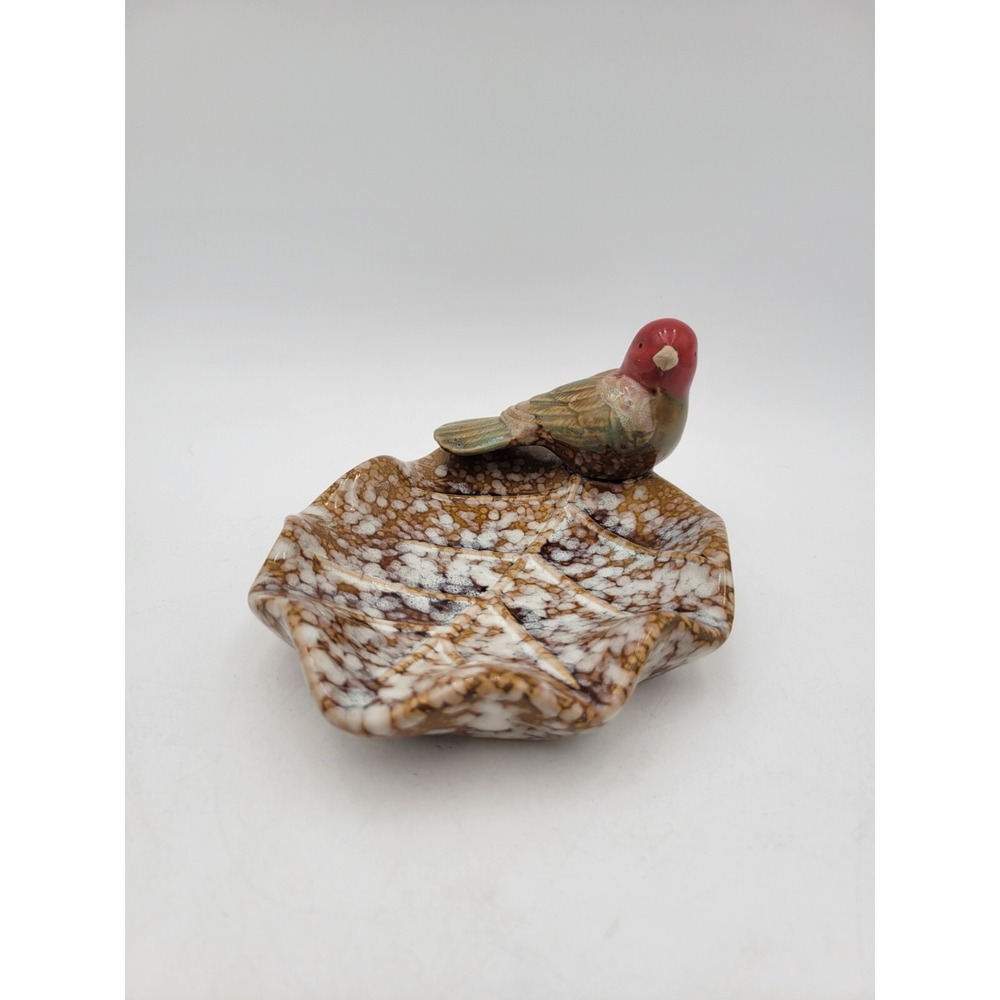 Red & Green‎ Bird On Brown Leaf Trinket Or Soap Dish Art Pottery 7"